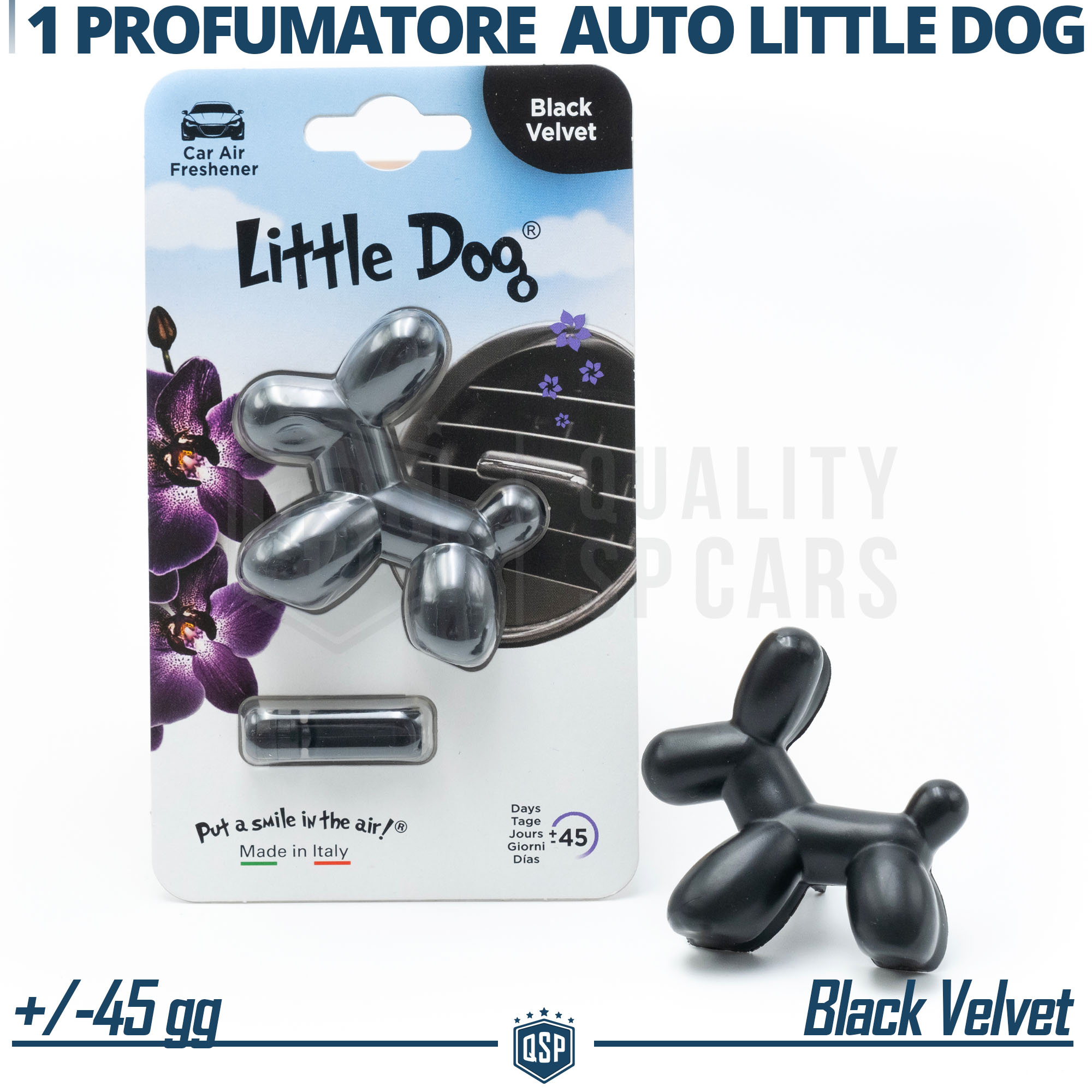 PROFUMATORE Auto Little Dog® NERO Applicabile su Bocchette Audi BLACK  VELVET 45g